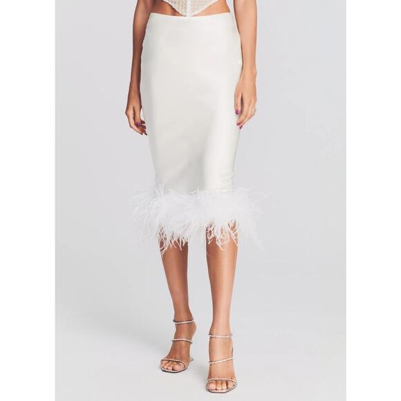 NEW Retrofete Paula White Satin Ivory Genuine Ostrich Feather Trim Midi Skirt - Picture 1 of 13